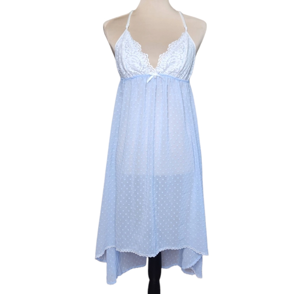 Linea Donatella Powder Blue Sheer Lace Halter Slip Dress Nightgown Babydoll M